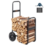Polttopuukärry, 113,4 kg:n kantavuus, ulko- ja sisäkäyttöön tarkoitettu puuteline, jossa on ilmakumipyörät, raskaaseen käyttöön tarkoitettu teräksinen kuljetuskärry, polttopuun kuljetus takkaan, nuotiopaikkaan, musta
