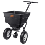 Levitin, 45,4 kg:n perässäkäveltävä nurmikonlevitin 30,5 cm:n pyörillä, teräksinen työntölannoitteenlevitin, kylvökone ja suolanlevitin, suunniteltu asuinrakennuksille, maatiloille ja vaativaan maastoon, musta