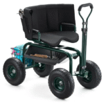 Pyörivä puutarhakärry kääntyvillä istuimilla ja pyörillä, pidennettävällä kahvalla ja säilytyslaatikolla