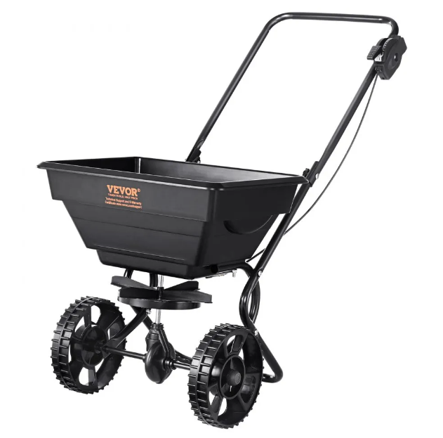 Levitin, 11,3 kg:n perässäkäveltävä nurmikonlevitin 20,3 cm:n pyörillä, teräksinen työntölannoitteenlevitin, kylvökone ja suolanlevitin, suunniteltu asuinrakennuksille, maatiloille ja vaativaan maastoon, musta