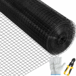 Rautaverkko, silmäkoko 24\" x 50\' ja 1\" x 1\", sinkittyä terästä, vinyylipinnoitettua 16-kaliiperista hitsattua lankaa, mukana katkaisupihdit ja kangaskäsineet, puutarha-aitaan ja lemmikkien aitauksiin, musta