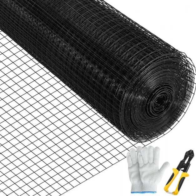 Rautaverkko, silmäkoko 24\" x 50\' ja 1\" x 1\", sinkittyä terästä, vinyylipinnoitettua 16-kaliiperista hitsattua lankaa, mukana katkaisupihdit ja kangaskäsineet, puutarha-aitaan ja lemmikkien aitauksiin, musta