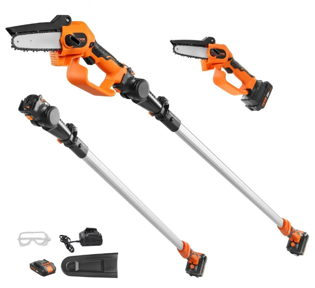 2-in-1 akkukäyttöinen oksasaha ja minimoottorisaha, 20 V:n ja 2 Ah:n akkukäyttöinen oksasaha, 12,7 cm:n leikkauskapasiteetti, 243,8 cm:n ulottuvuus oksasaha oksien leikkaamiseen ja puiden karsimiseen (akku ja terän suojus sisältyvät hintaan)