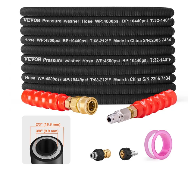 Painepesurin letku, 30,5 m, kiertymätön 3/8"-φ14,8 uros, 3/8"-φ15 naaras useimpien merkkien painepesureihin, 4,9 tuuman taivutussäde, 4800 PSI raskaaseen käyttöön tarkoitettu jatkoletku, vaihto-osa