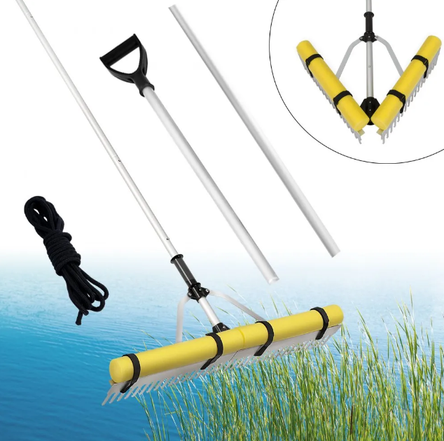 Maisemaharava, 915 mm:n päällinen alumiininen maisemaharava, järvirikkaruohojen karhennusharava 2600 mm:n säädettävällä jatkokahvalla, köydellä ja kellukkeella, maan möyhentämiseen, nurmikonhoitoon, kitkemiseen järvelle, puutarhaan ja lampeen