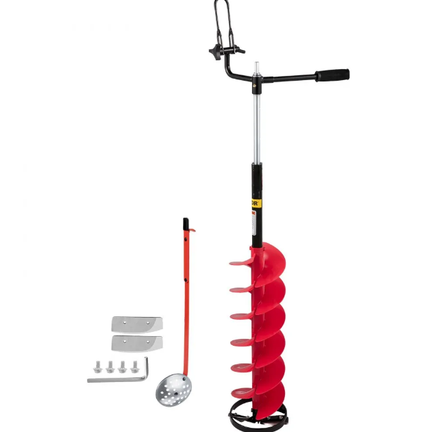 Jääkaira, halkaisija 8" nailonjääkaira, pituus 41" jääkairan terä, kaira 14" säädettävällä jatkotangolla, kumikahva, poran sovitin, vaihdettava kairan terä jääkalalle